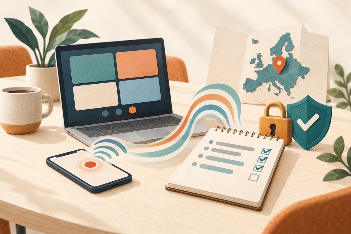 Illustratie van een vergadertafel met een laptop met een videogesprek, een telefoon die opneemt, geluidsgolven die in een notitieblok met actiepunten uitkomen, een hangslot, een schild met een vinkje en een kaartje van Europa met een speld.