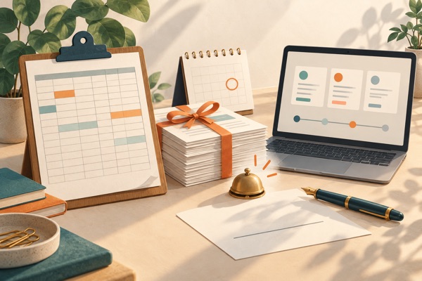 Illustratie van een klembord met een leeg spreadsheetrooster naast een laptop met een contractoverzicht, een stapel contracten met een lint, een bureaukalender met een omcirkelde dag, een belletje en een vulpen.
