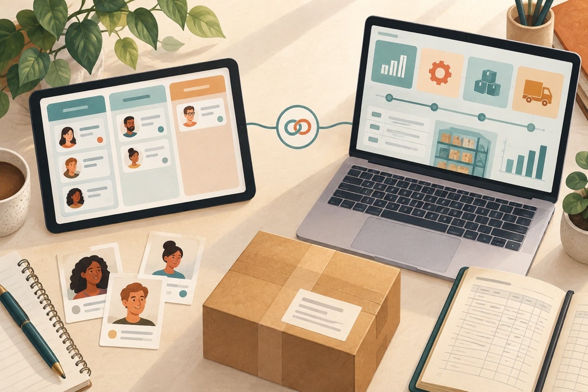 Illustratie van klantkaarten in een CRM naast bedrijfsprocessen in een ERP-systeem.