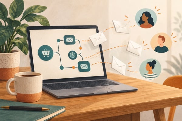 Illustration d'enveloppes envoyées automatiquement d'une boutique en ligne vers des clients.
