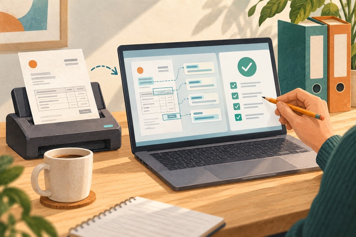 Illustratie van een factuur die wordt herkend en ter goedkeuring aan een medewerker wordt aangeboden.