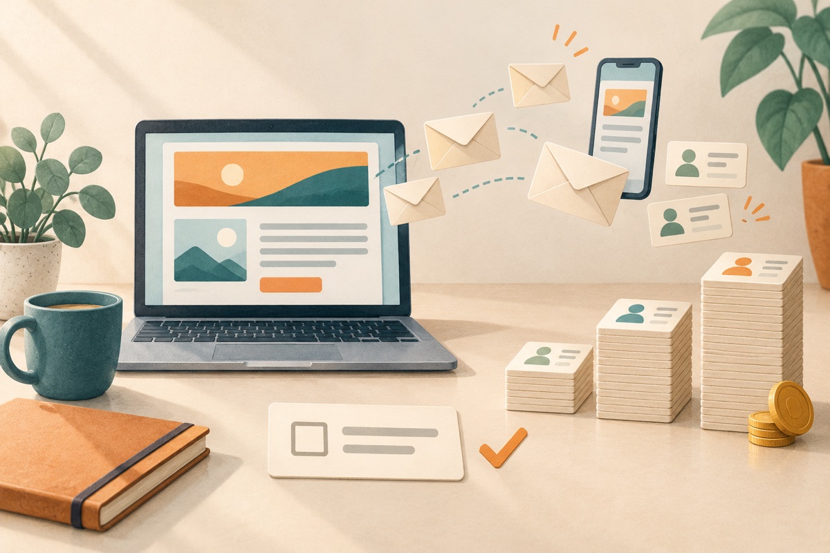 Illustration d'un ordinateur portable avec une newsletter, des enveloppes qui volent vers un téléphone et des fiches de contact, trois piles croissantes de fiches avec des pièces et une carte d'inscription cochée.