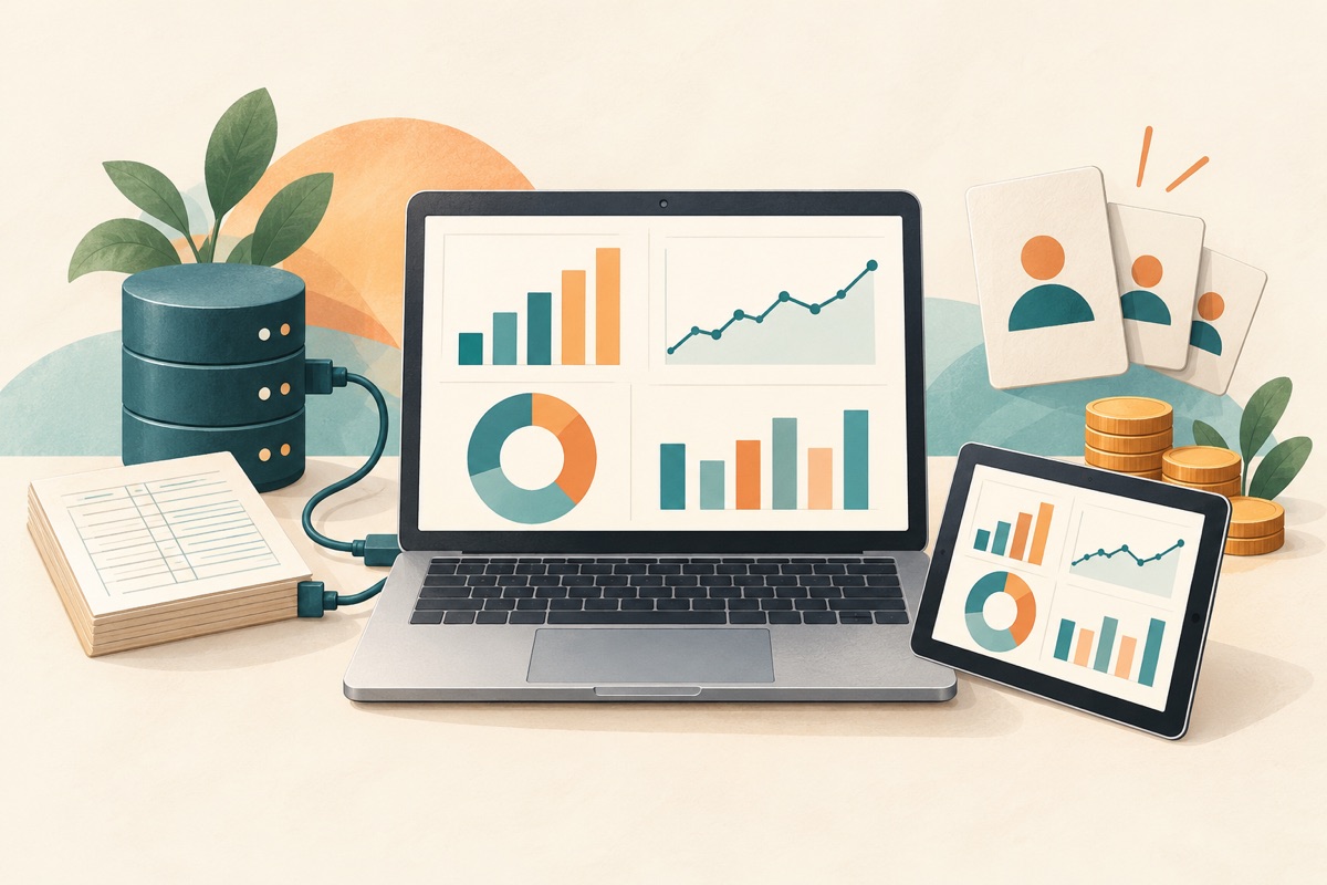 Illustration of a laptop with a dashboard of bar, line and pie charts, connected to a database and a ledger, with a tablet, a fan of access cards and a stack of coins.