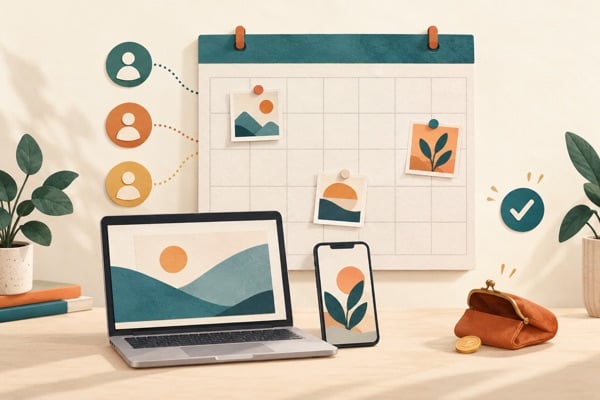 Illustratie van een papieren wandkalender met ingeplande posts, een laptop en een smartphone, drie gekoppelde accounts, een vinkje voor goedkeuring en een portemonnee met één munt.