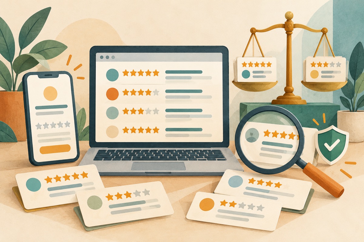 Illustration of a laptop with a review page full of stars, review cards with different scores, a phone with empty stars, a magnifying glass, a shield with a tick and a pair of scales.