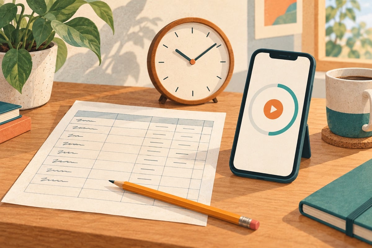 Illustratie van urenregistratie op een werkblad en in een telefoonapp.