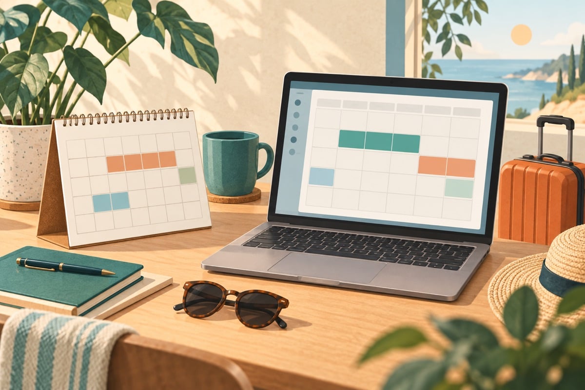Illustratie van een verlofkalender op papier en in HR-software.