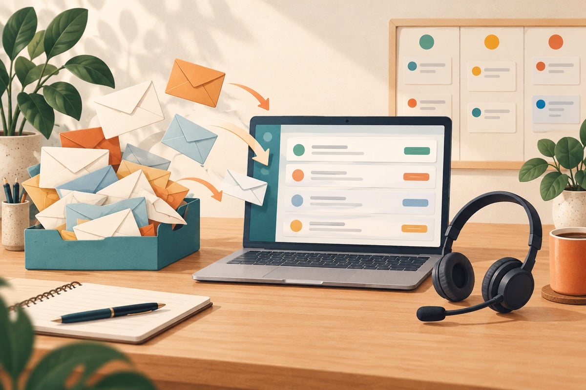 Illustratie van e-mailvragen die worden geordend in een helpdeskoverzicht.