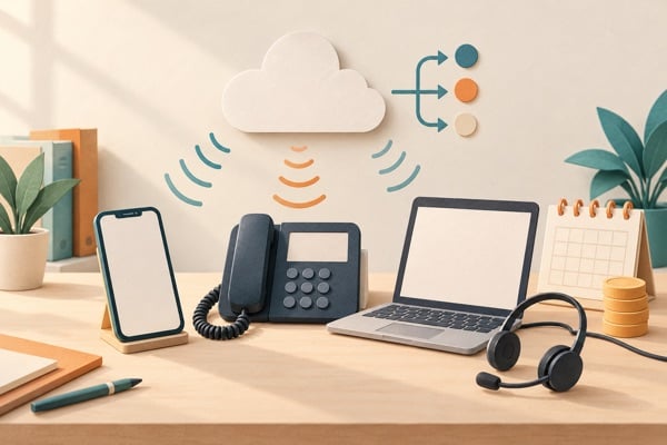 Illustratie van een bureau met een smartphone, een bureautelefoon en een headset bij een laptop, verbonden met een wolk, met een stapeltje munten en een kalender voor de maandelijkse kosten.