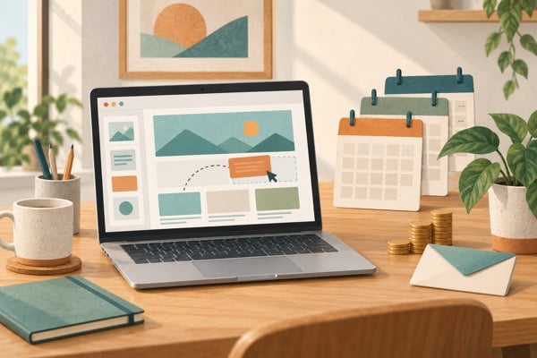 Illustratie van een laptop met een websiteontwerp in blokken, een kalender met drie jaarbladen, een envelop en een stapeltje munten.